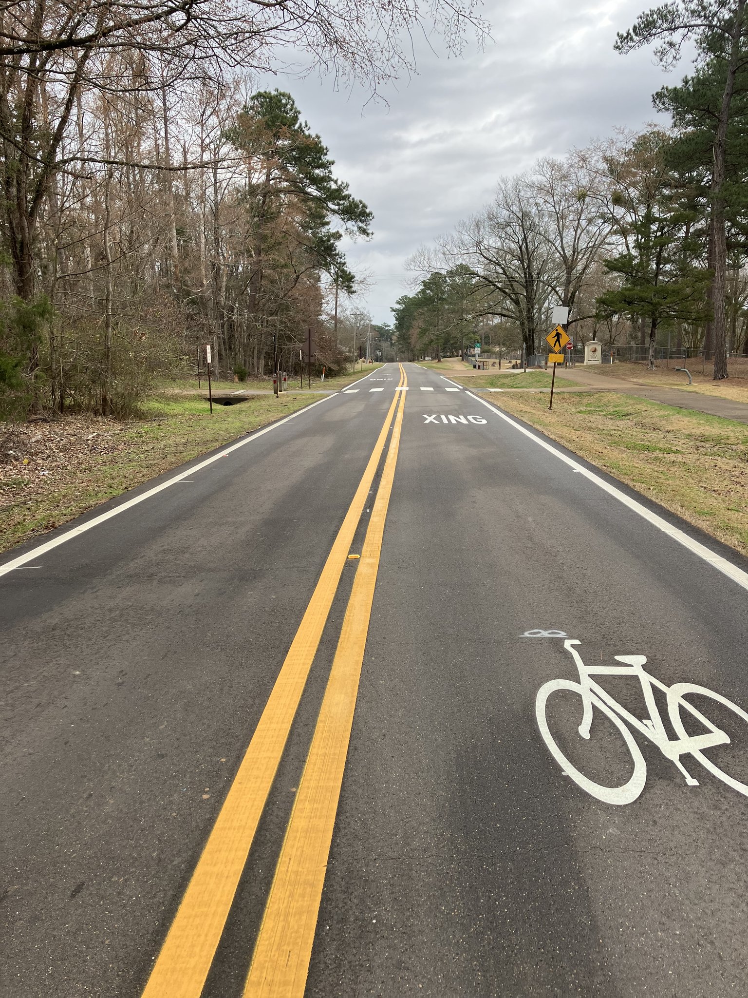 Bike lane crossing marking with bicycle symbol and XING text Ridgeland Mississippi